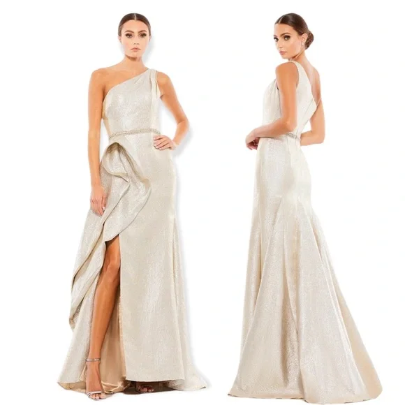 slim fit dress slacks IRIDESCENT SEQUIN & LACE GOWN CDCD840